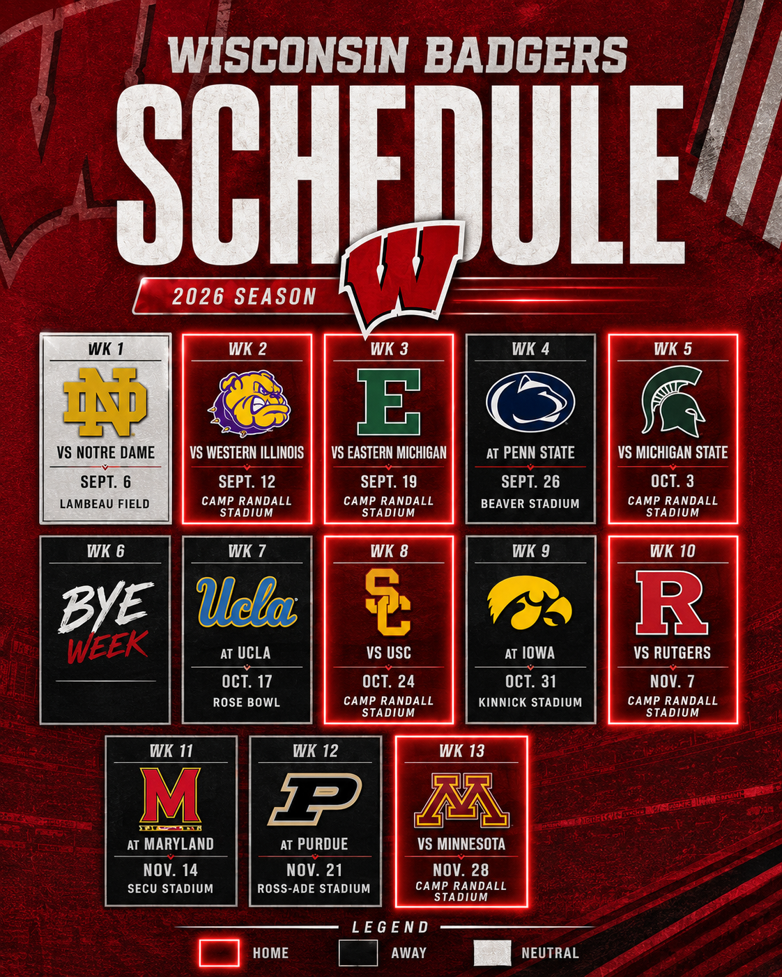 2026 Wisconsin Badgers Football Schedule Fridge Magnet - 6.7 x 8.7 Inch