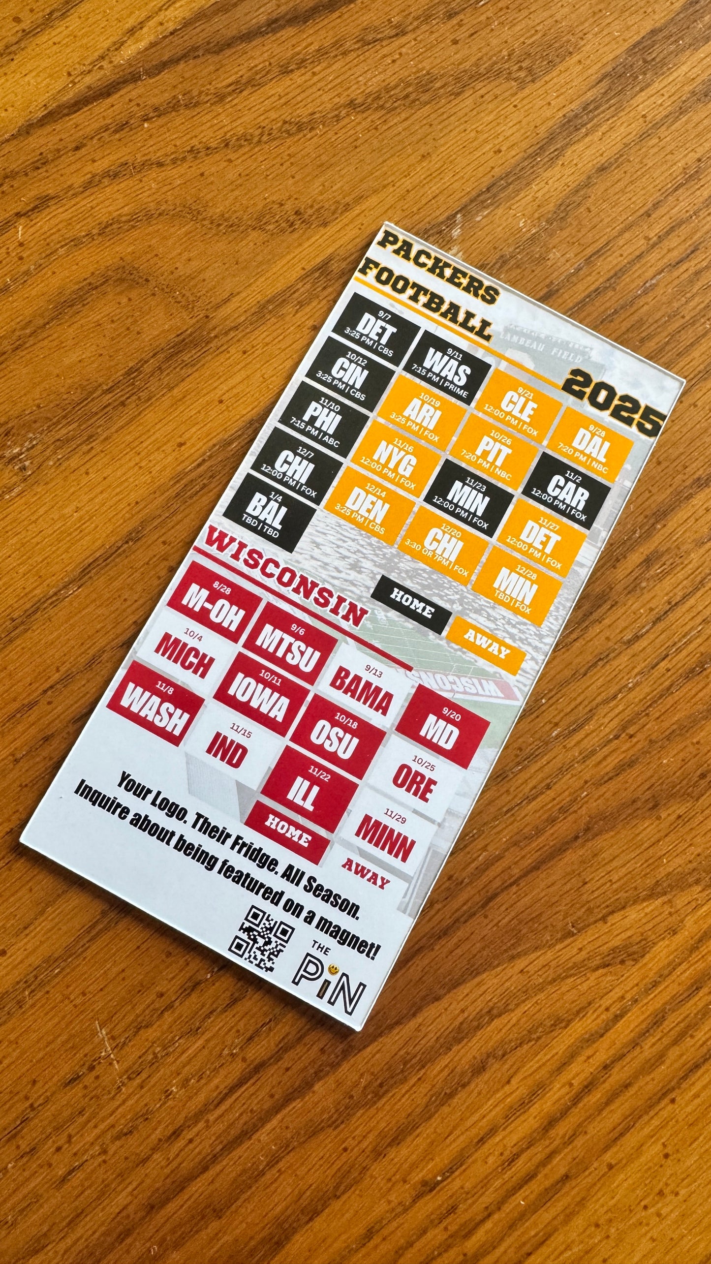 2025 Packers & Wisconsin Football Schedule Magnet – SPONSOR YOURS!!