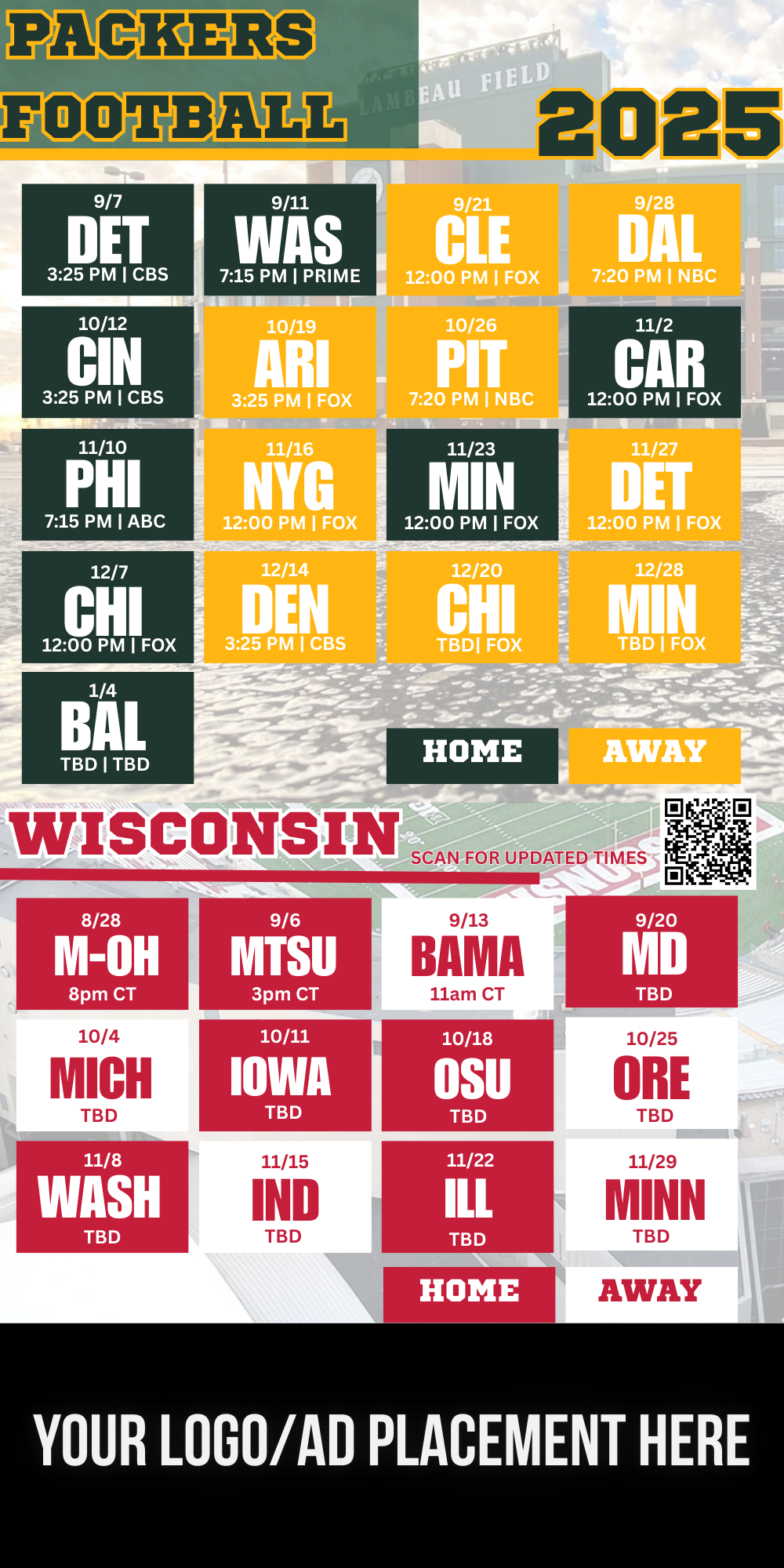 2025 Packers & Wisconsin Football Schedule Magnet – SPONSOR YOURS!!
