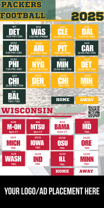 2025 Packers & Wisconsin Football Schedule Magnet – SPONSOR YOURS!!